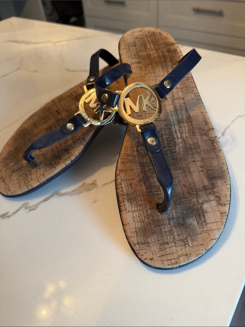 Michael Kors Navy Blue Thong Sandals with Gold MK Emblem